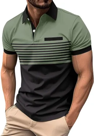 Mens Shirts Button Turn-Down Collar Top Short Sleeve Stripe Tshirts Sports Golf Tops Summer T-Shirt Tees 2024