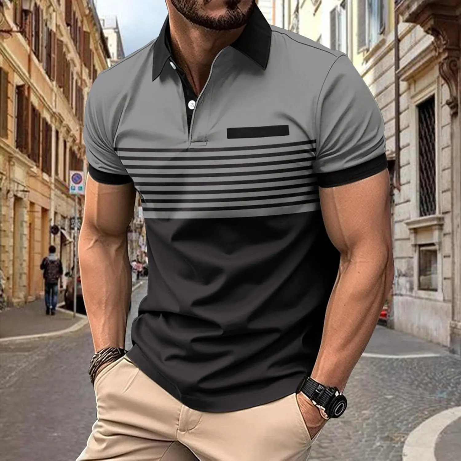 Mens Shirts Button Turn-Down Collar Top Short Sleeve Stripe Tshirts Sports Golf Tops Summer T-Shirt Tees 2024