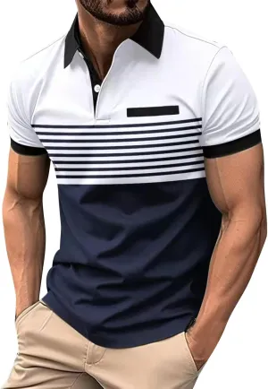 Mens Shirts Button Turn-Down Collar Top Short Sleeve Stripe Tshirts Sports Golf Tops Summer T-Shirt Tees 2024