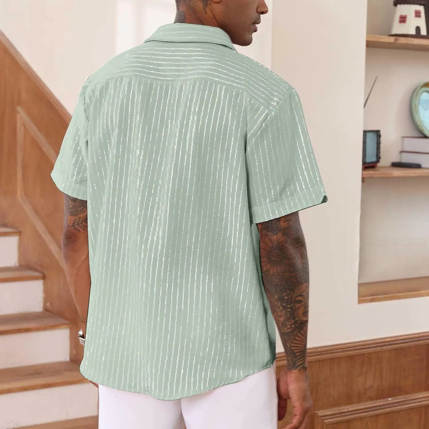 Mens Short Sleeve Hippie Guayabera Linen Shirts Casual Striped Button Down Longline Shirt Summer Beach Hawaiian Shirt