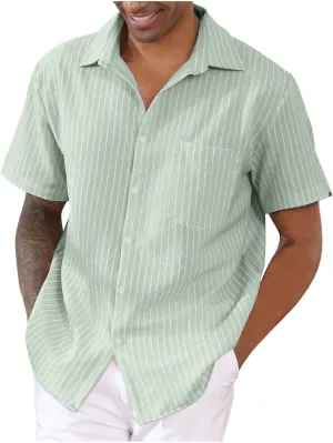Mens Short Sleeve Hippie Guayabera Linen Shirts Casual Striped Button Down Longline Shirt Summer Beach Hawaiian Shirt