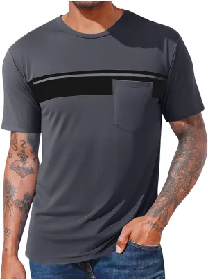 Mens Striped Color Block T-Shirt Short Sleeve Casual Crew Neck Summer Athletic Tee Shirts Pullover Top with Pocket