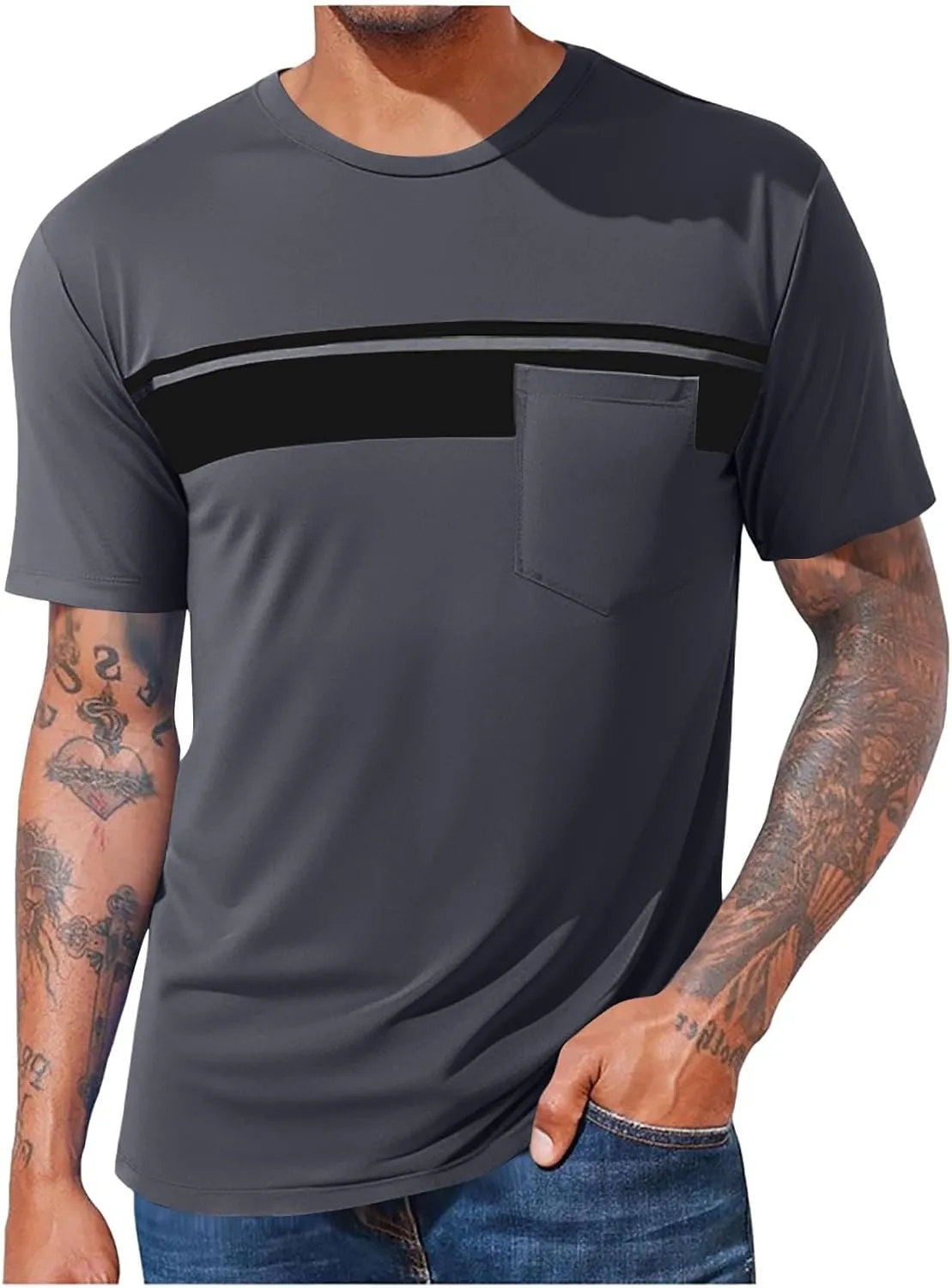 Mens Striped Color Block T-Shirt Short Sleeve Casual Crew Neck Summer Athletic Tee Shirts Pullover Top with Pocket