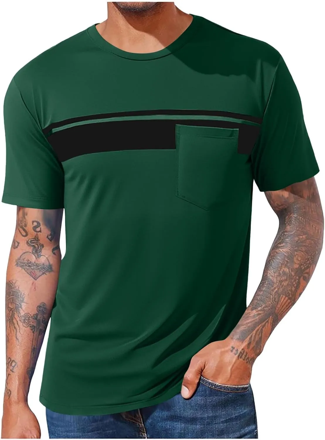 Mens Striped Color Block T-Shirt Short Sleeve Casual Crew Neck Summer Athletic Tee Shirts Pullover Top with Pocket