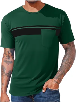 Mens Striped Color Block T-Shirt Short Sleeve Casual Crew Neck Summer Athletic Tee Shirts Pullover Top with Pocket
