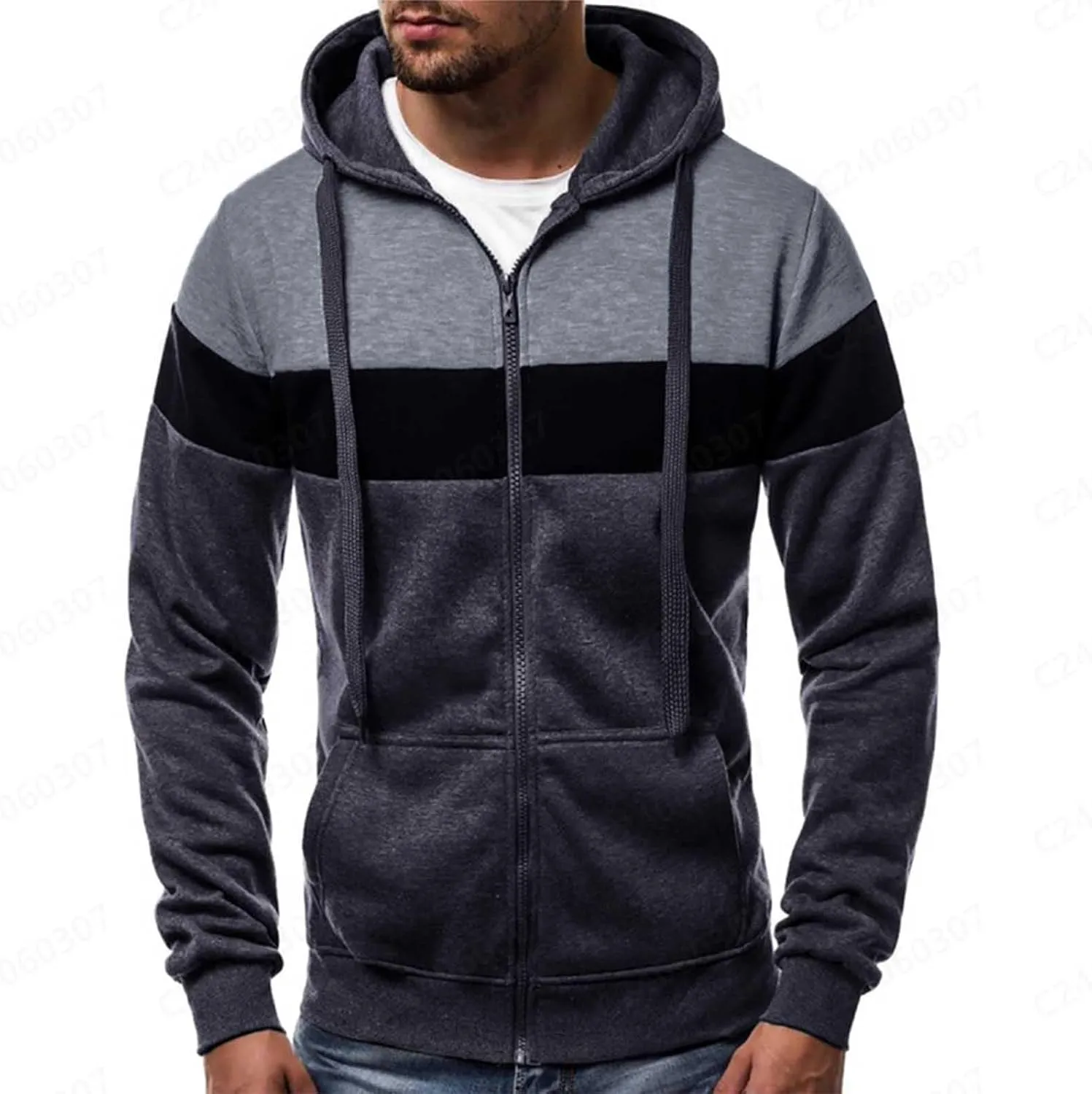 Mens Zip Up Hoodies Jacket Casual Color Block Print Sport Sweatshirts Outerwear Athletic Workout Pullover Sweatshirt