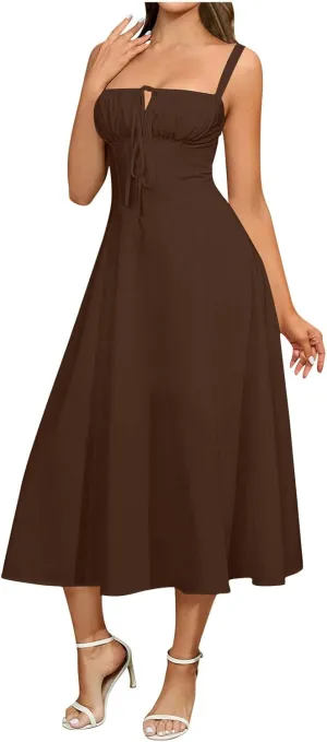 Milk Maid Dress for Women Floral Corset Flowy Slit Dresses Summer Boho Spaghetti Straps Square Neck Midi Dress