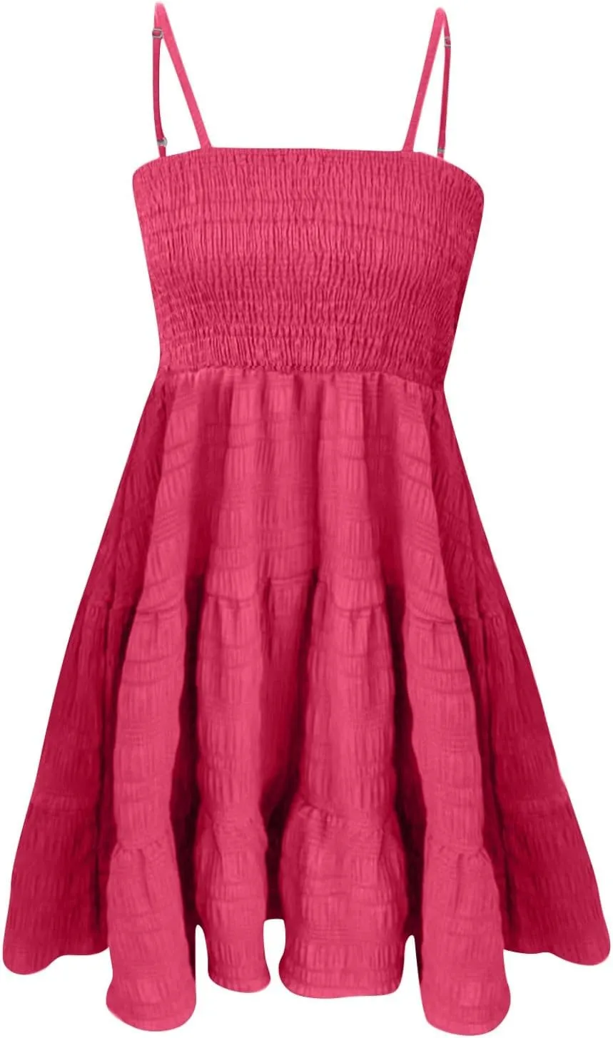 Mini Sundresses for Women Smocked Square Neck Spaghetti Strap Skater Dress Summer Loose Comfy Tiered Ruffle Dress