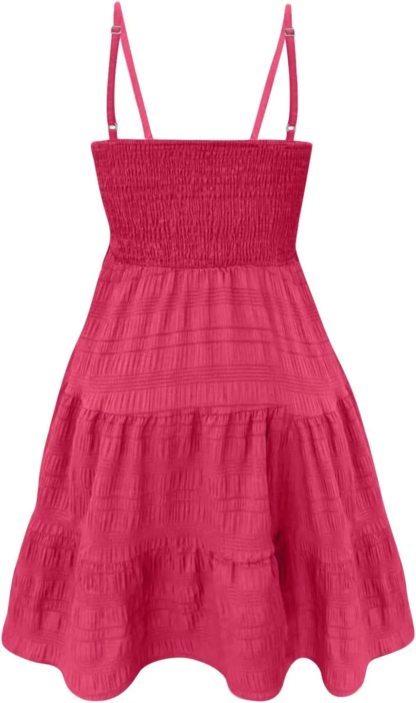 Mini Sundresses for Women Smocked Square Neck Spaghetti Strap Skater Dress Summer Loose Comfy Tiered Ruffle Dress