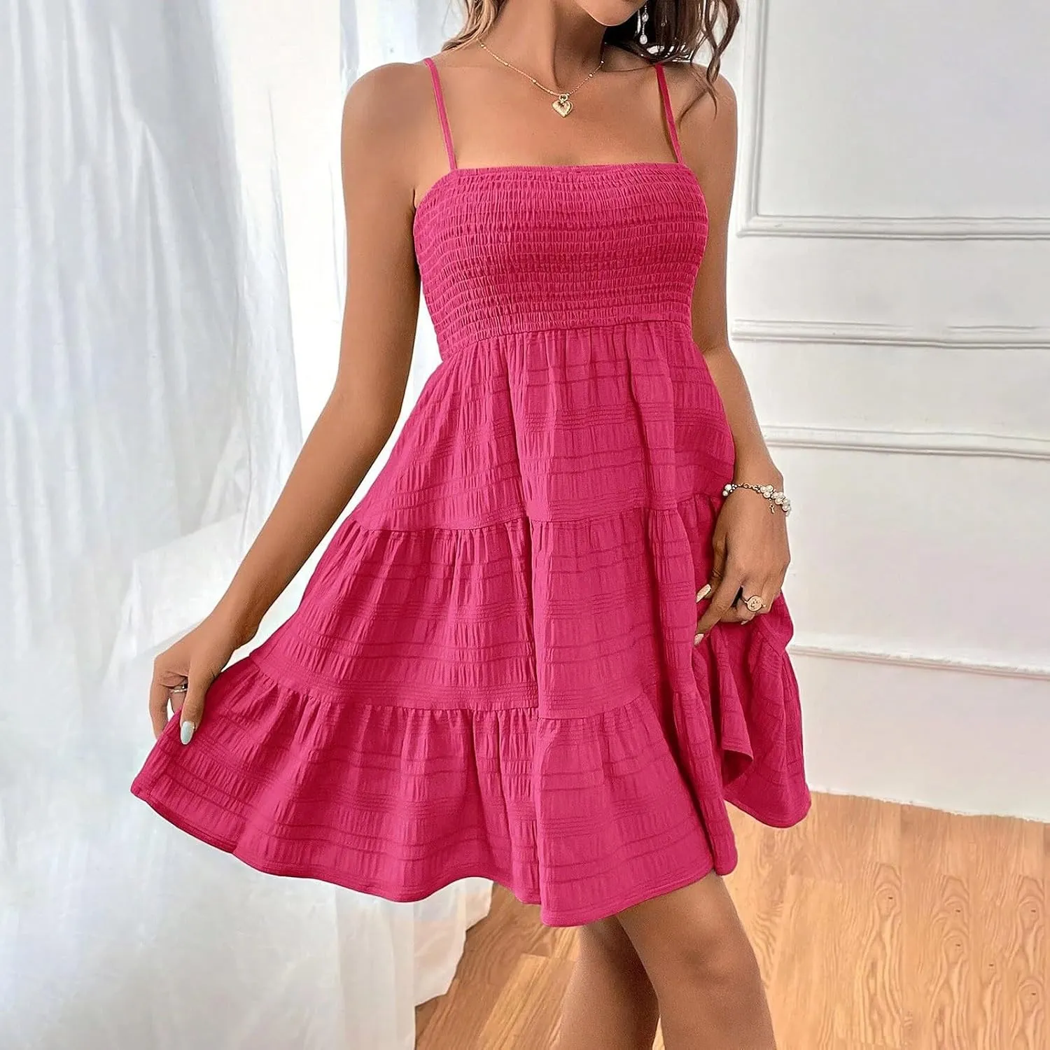 Mini Sundresses for Women Smocked Square Neck Spaghetti Strap Skater Dress Summer Loose Comfy Tiered Ruffle Dress