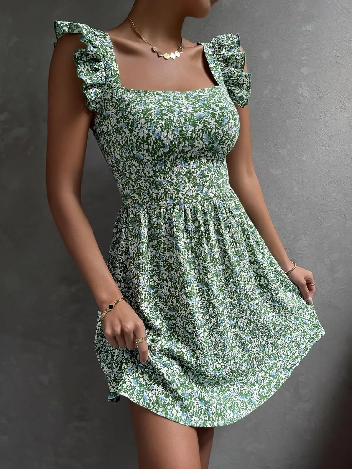 Narecte Women's Floral Mini Dress Cap Sleeve Boho Dresses for Women 2025 Casual Summer Dresses Short Sun Dresses