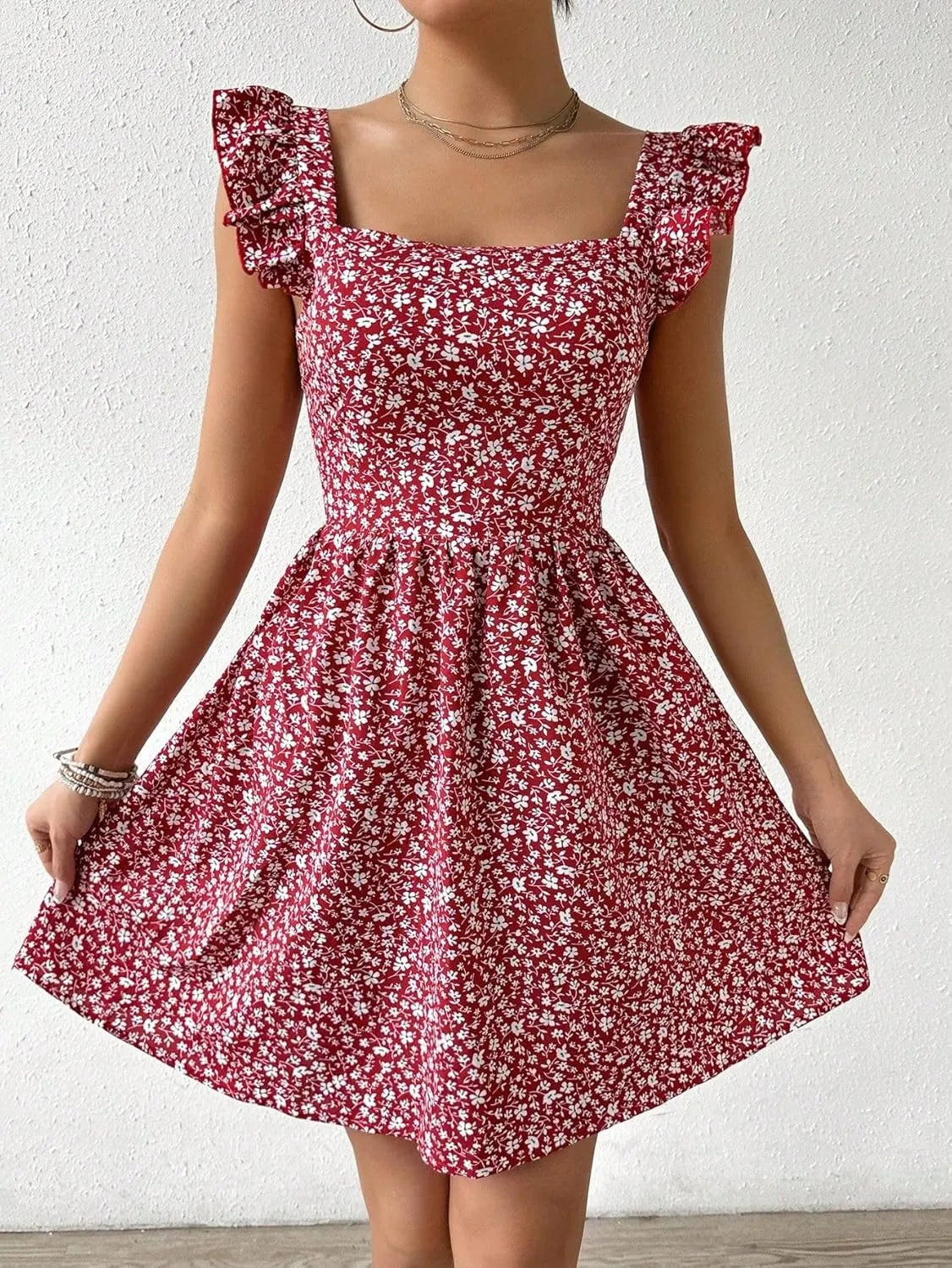Narecte Women's Floral Mini Dress Cap Sleeve Boho Dresses for Women 2025 Casual Summer Dresses Short Sun Dresses