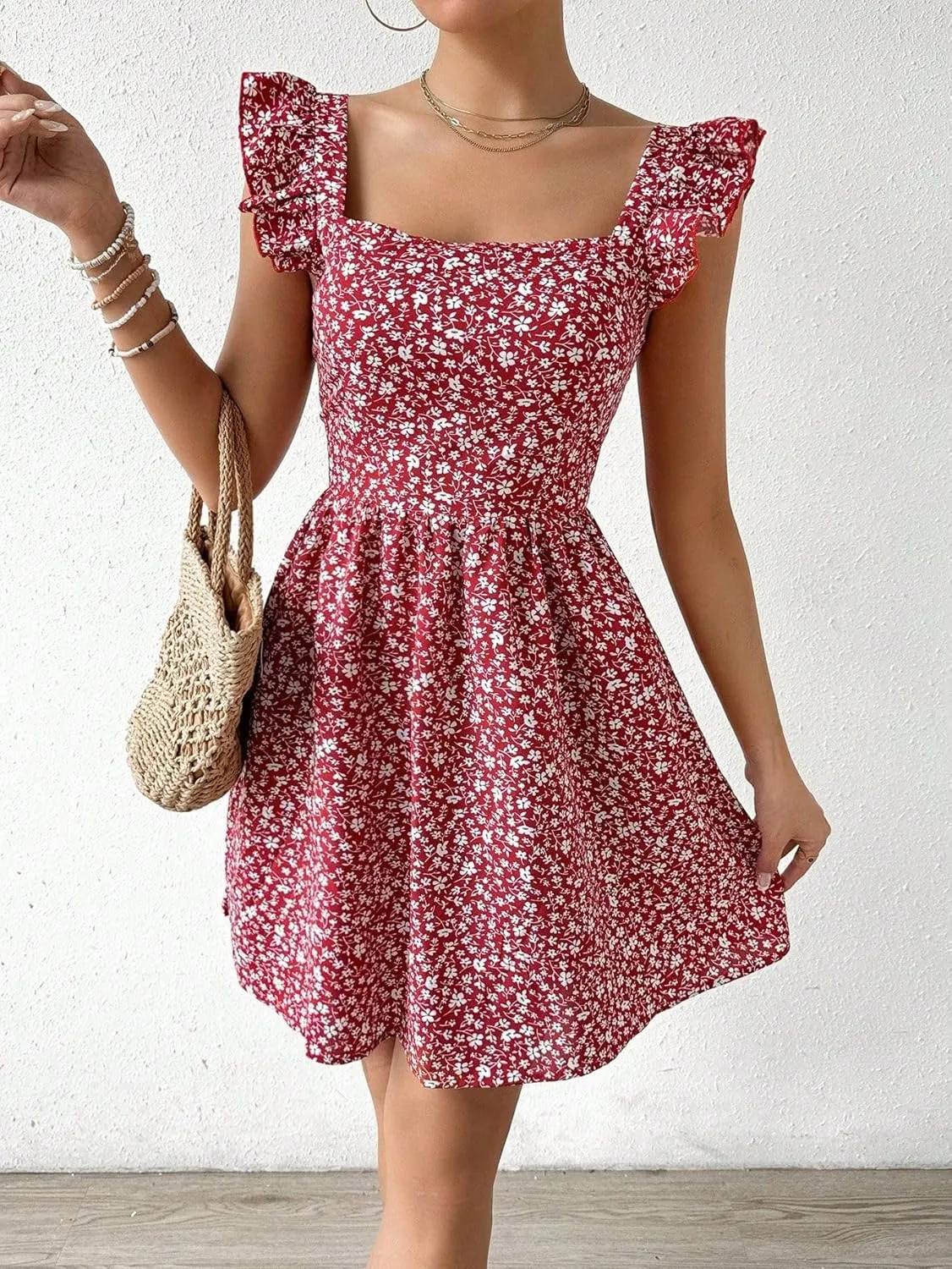 Narecte Women's Floral Mini Dress Cap Sleeve Boho Dresses for Women 2025 Casual Summer Dresses Short Sun Dresses