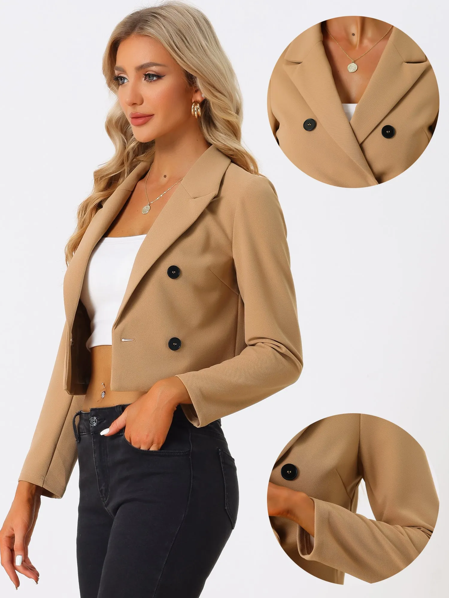 Notched Lapel Collar Casual Office Blazers Cropped Jacket
