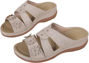 oiangi Orthopedic Sandals for Women Arch Support Summer Comfortable Wedge Fish Mouth Open Toe Flower Embroidery Slip on Slides Ladies Casual Shoes Slippers