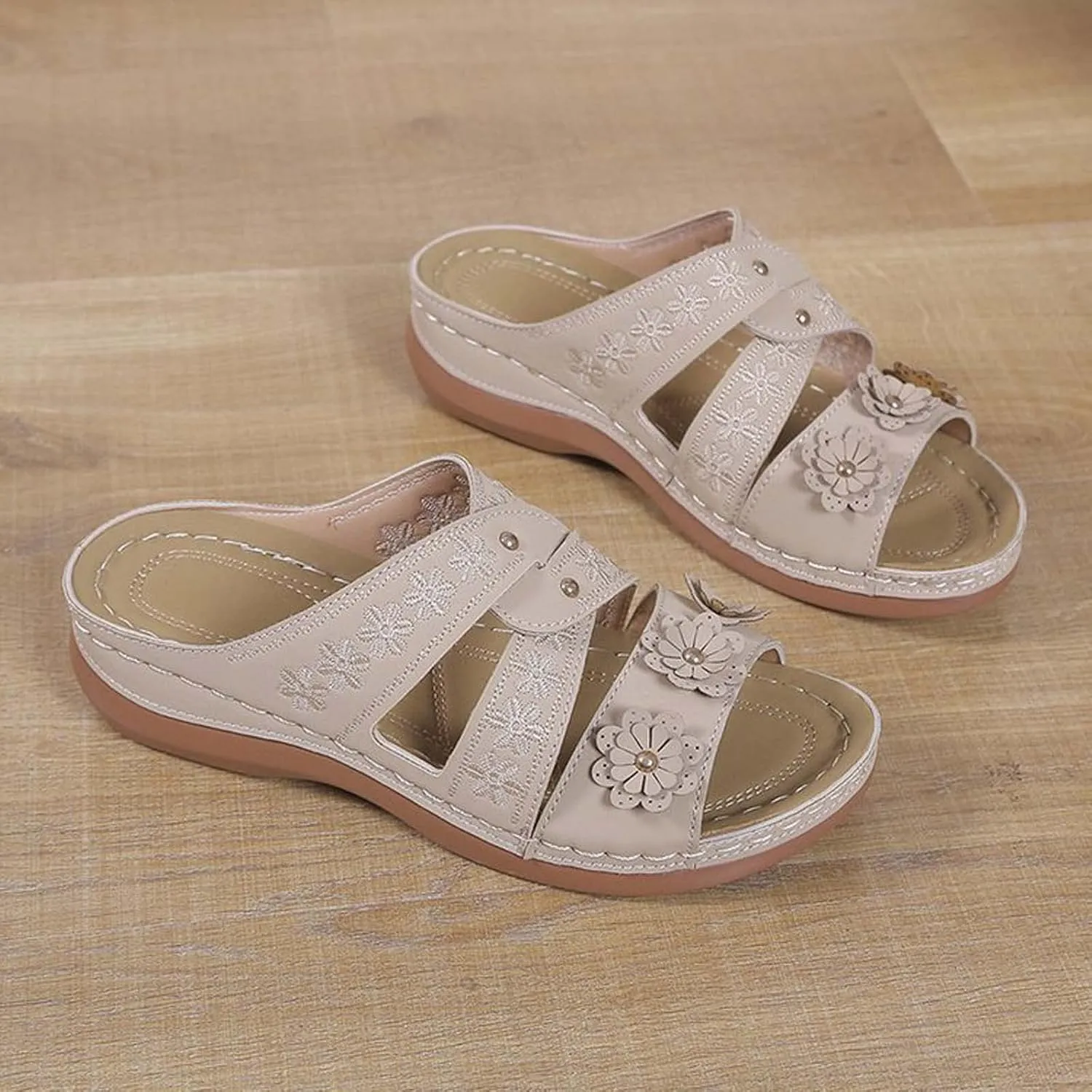 oiangi Orthopedic Sandals for Women Arch Support Summer Comfortable Wedge Fish Mouth Open Toe Flower Embroidery Slip on Slides Ladies Casual Shoes Slippers