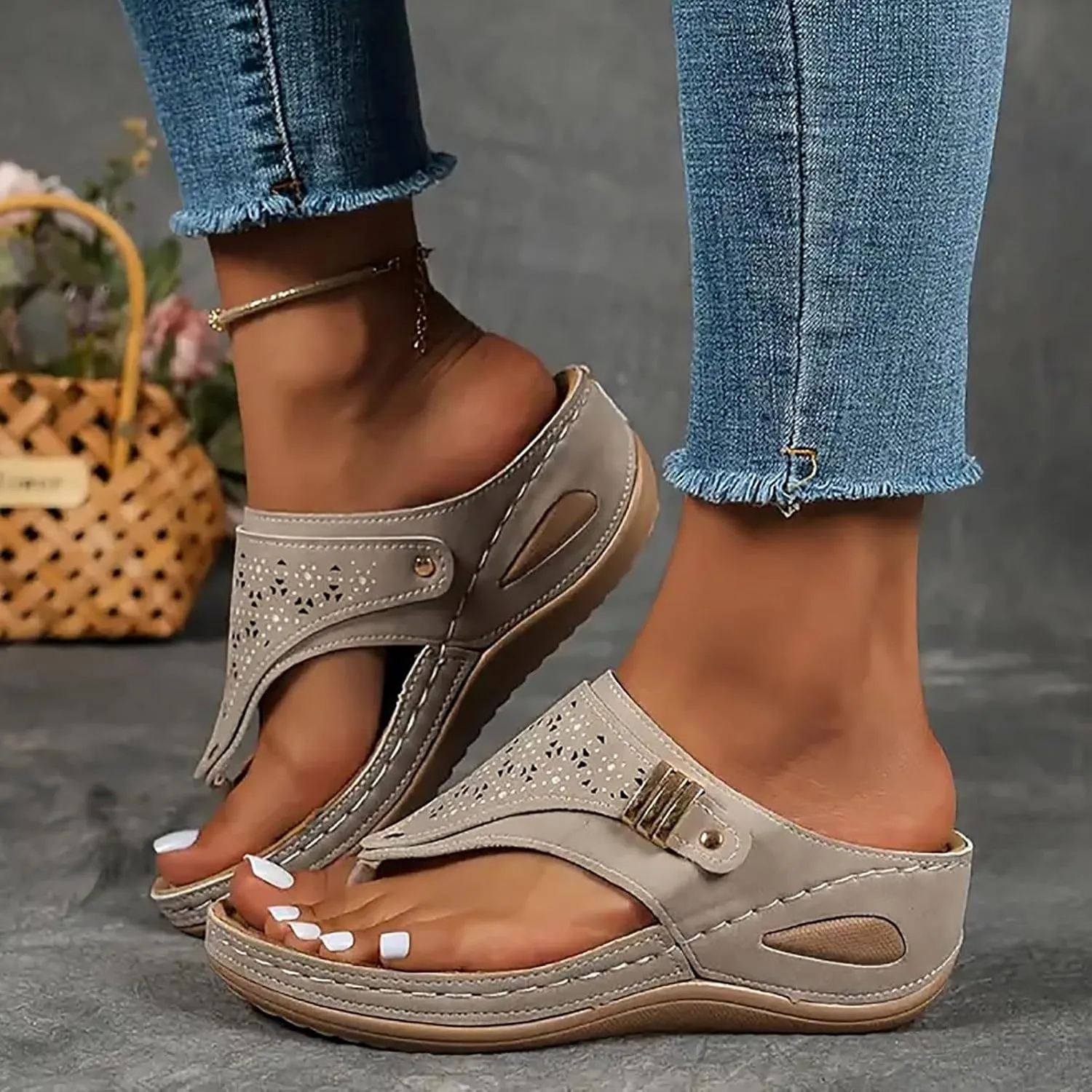 Orthopedic Sandals for Women 2025, Women Dressy Comfortable Flip Flops with Arch Support Slip On Recovery Sandal Breathable Hollow Out Flat Sandal Dress Summer Shoes