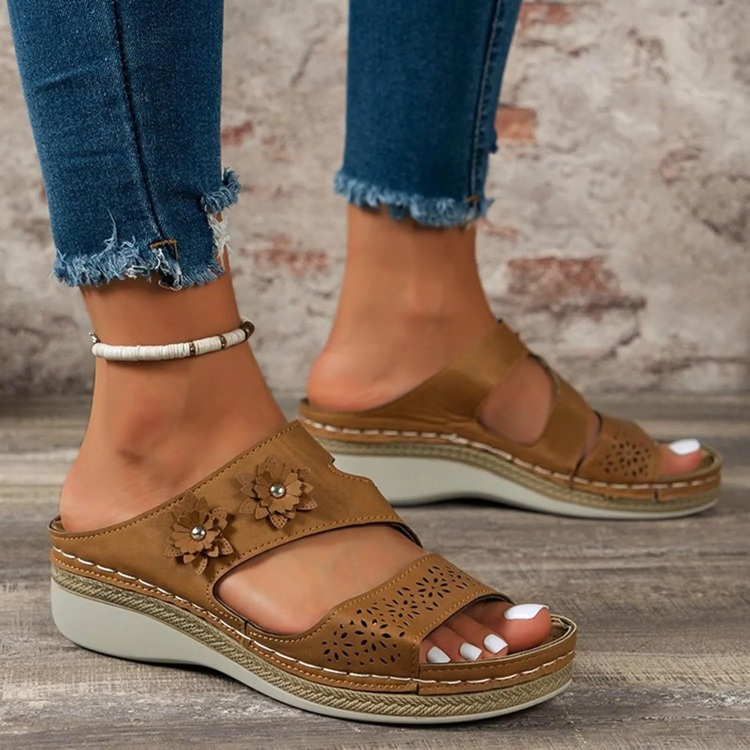 Orthowalkway Orthopedic Wedge Sandals for Women Casual Strappy Wide Width Slide Sandals Slip On Walking Beach Shoes