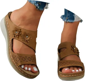 Orthowalkway Orthopedic Wedge Sandals for Women Casual Strappy Wide Width Slide Sandals Slip On Walking Beach Shoes