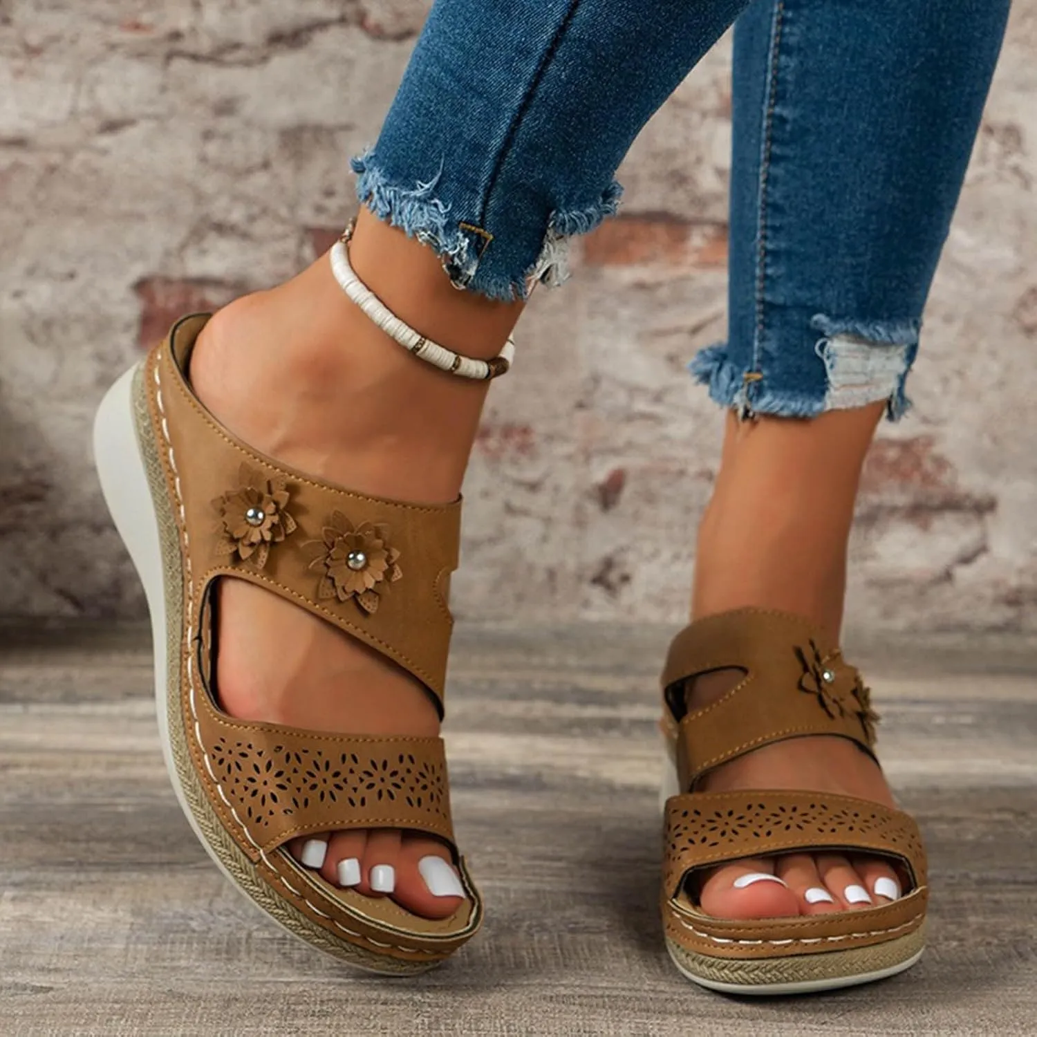 Orthowalkway Orthopedic Wedge Sandals for Women Casual Strappy Wide Width Slide Sandals Slip On Walking Beach Shoes