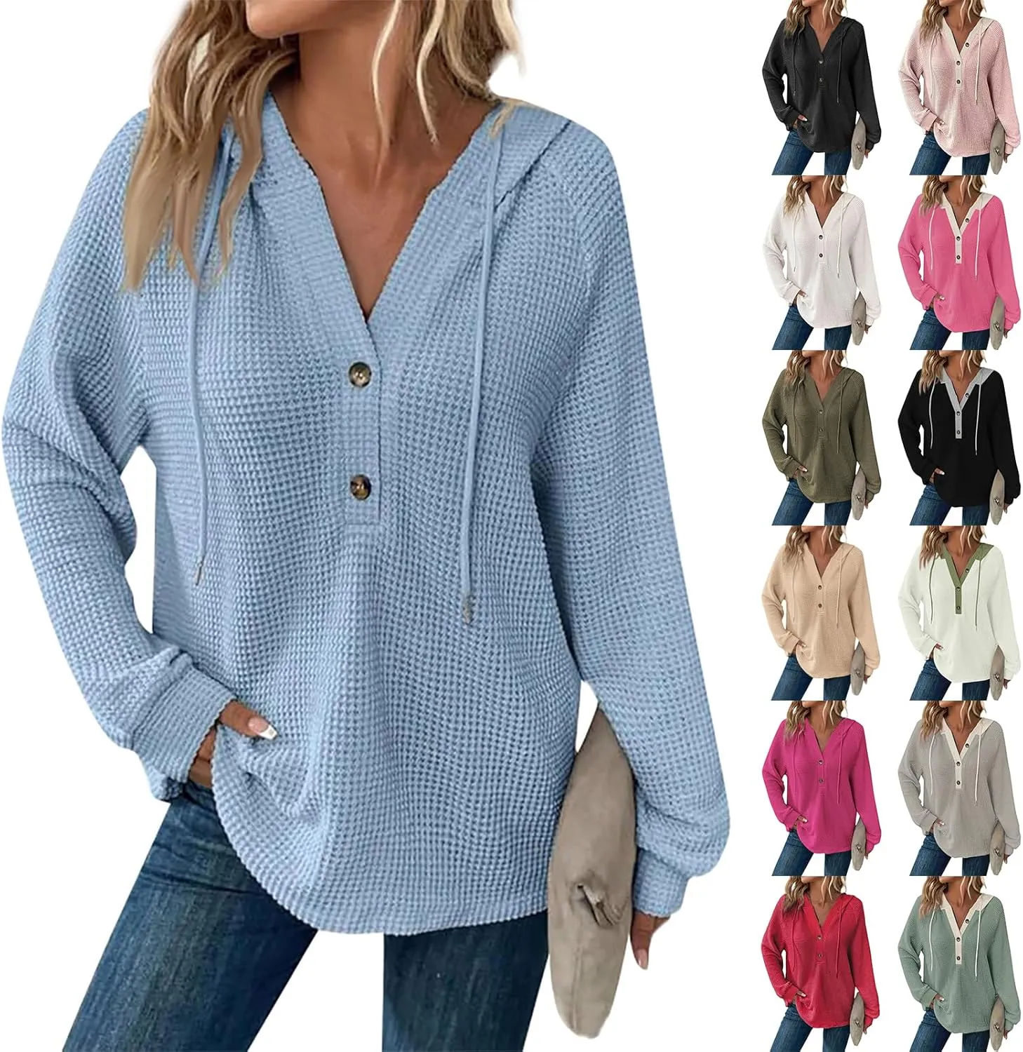 Oversized Hoodies for Women Trendy Waffle Knit V Neck Sweatshirt Cute Y2k Hoodie Long Sleeve Pullover Tops