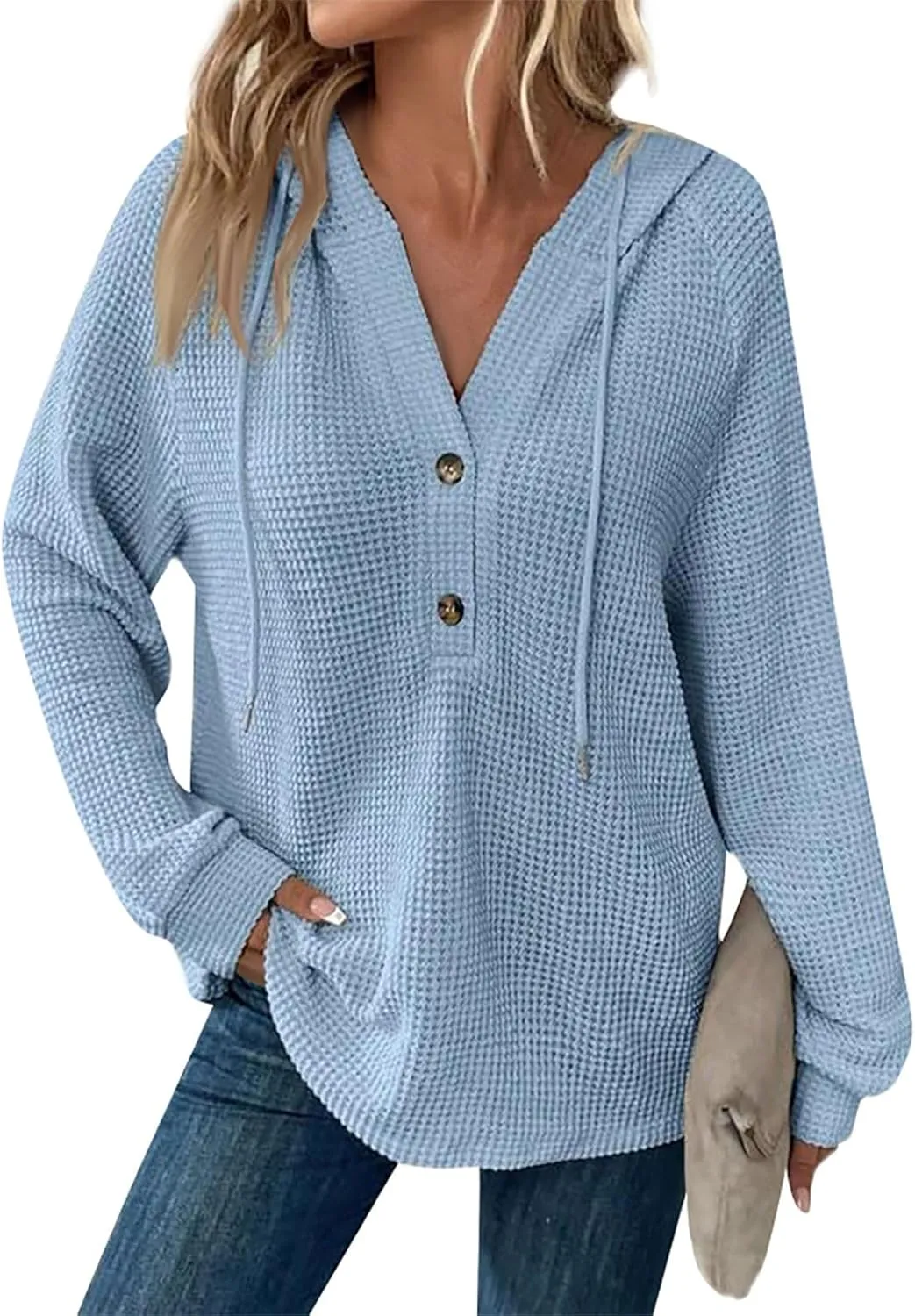 Oversized Hoodies for Women Trendy Waffle Knit V Neck Sweatshirt Cute Y2k Hoodie Long Sleeve Pullover Tops