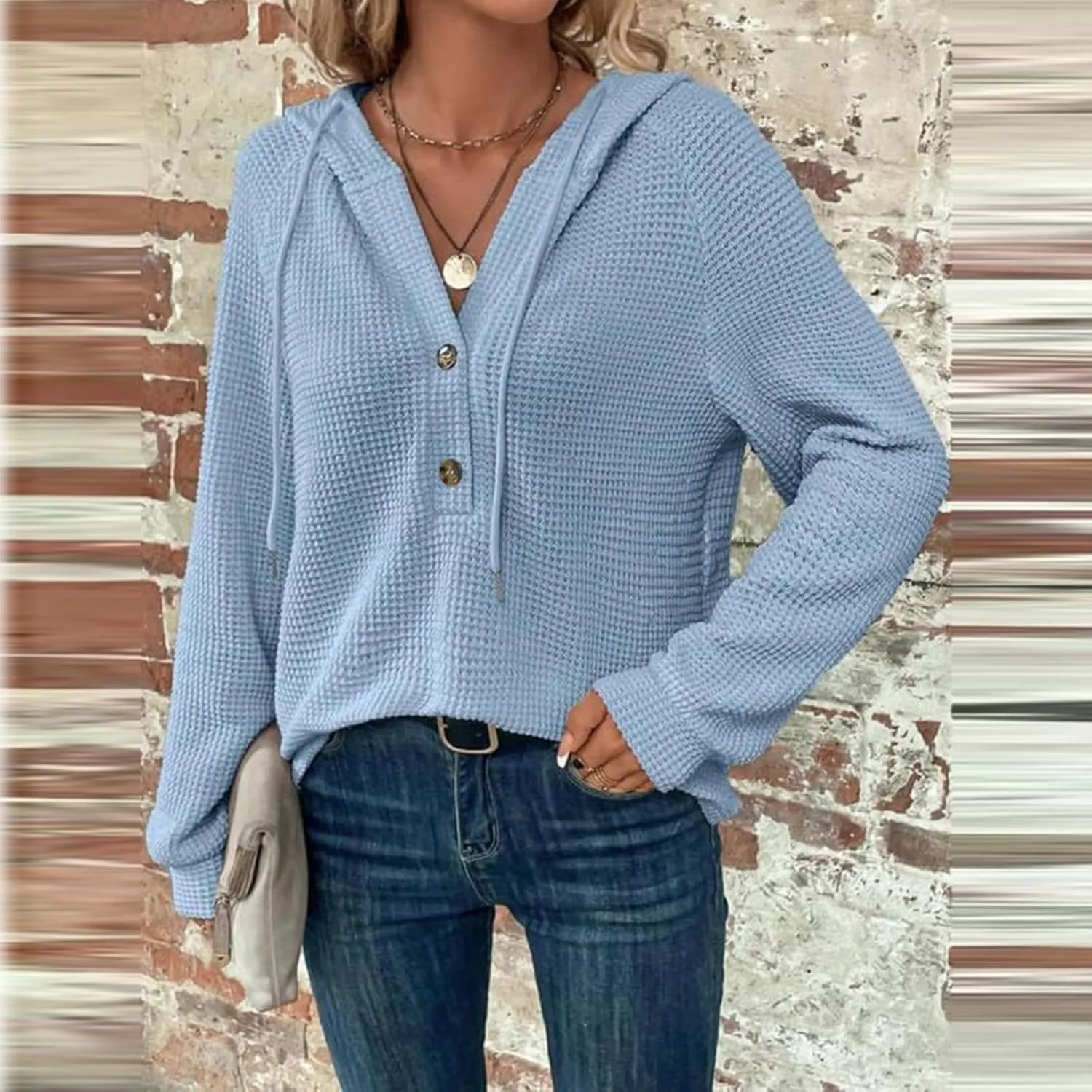 Oversized Hoodies for Women Trendy Waffle Knit V Neck Sweatshirt Cute Y2k Hoodie Long Sleeve Pullover Tops