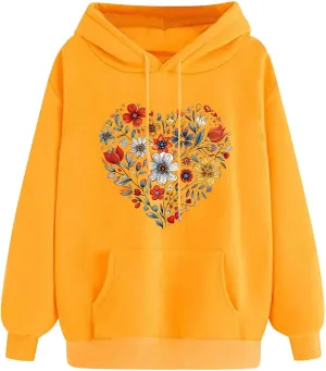 Oversized Sweatshirt for Women Heart Print Hoodie Cute Long Sleeve Sweatshirts Fleece Lined Hoodies with Pocket