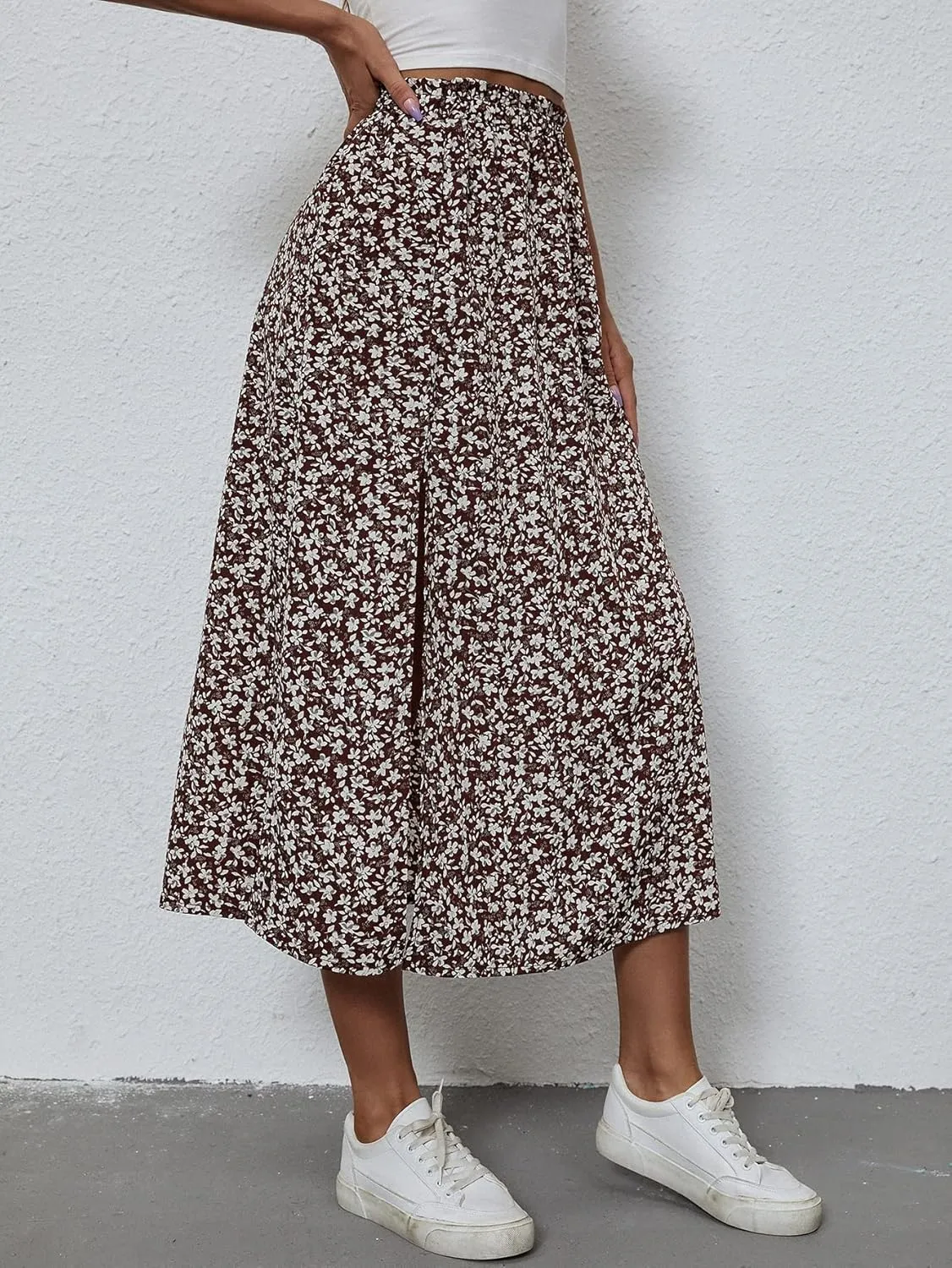 OYOANGLE Women's Floral Print High Waist Skirts Split Hem Boho Style Midi Skirts