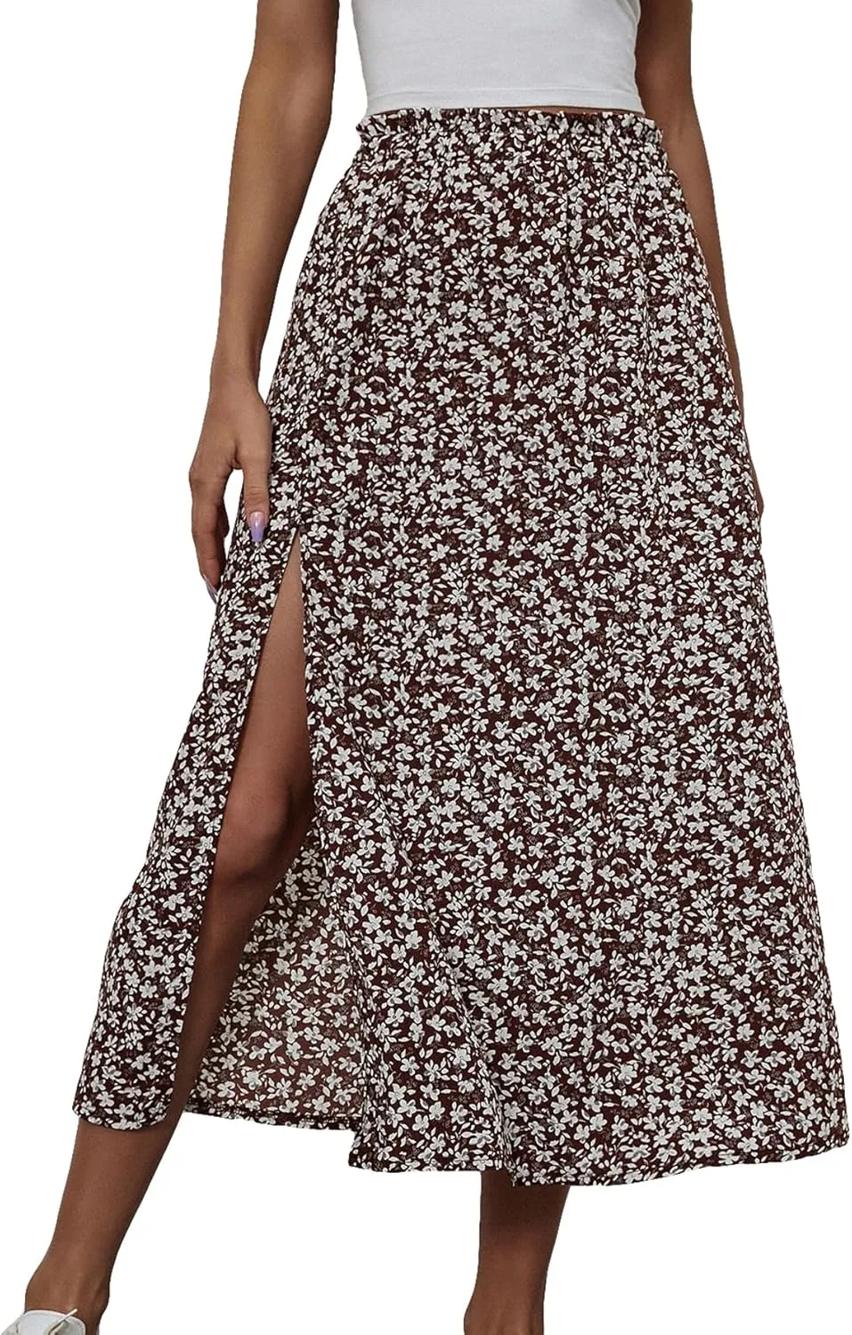 OYOANGLE Women's Floral Print High Waist Skirts Split Hem Boho Style Midi Skirts