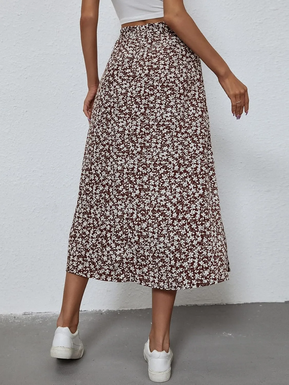 OYOANGLE Women's Floral Print High Waist Skirts Split Hem Boho Style Midi Skirts