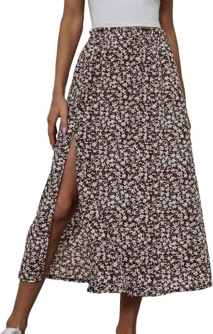 OYOANGLE Women's Floral Print High Waist Skirts Split Hem Boho Style Midi Skirts