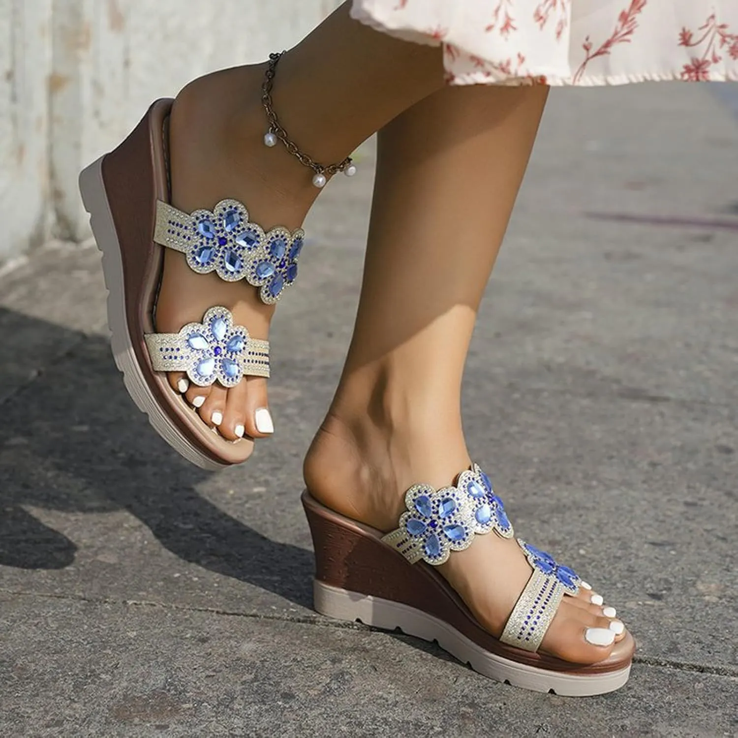 peqiut Women's Sandal Dressy Summer Wedge Orthopedic Sandals for Women Comfortable Jeweled Boho Sandals Casual Slides