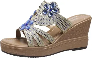 peqiut Women's Sandal Dressy Summer Wedge Orthopedic Sandals for Women Comfortable Outdoor Jeweled Boho Sandals Casual Slides