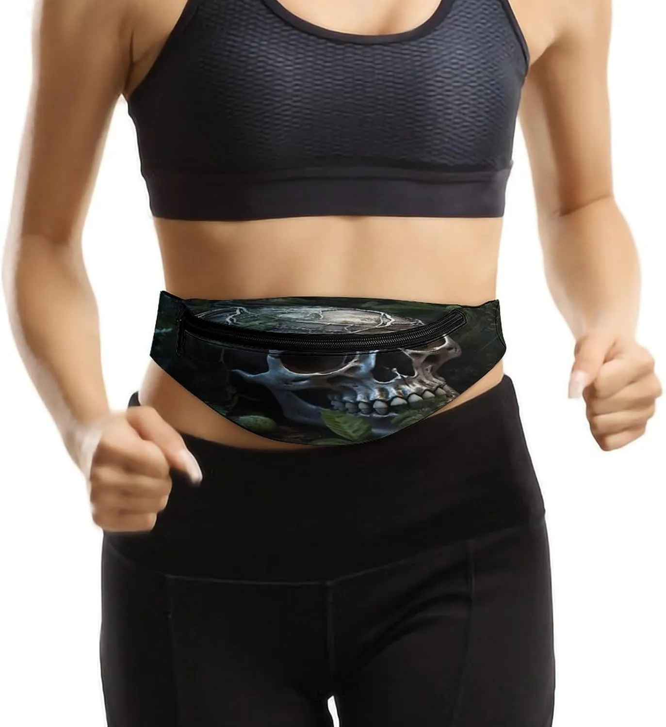 Personalized Waist Packs with Adjustable Strap,Green Leaves And Skull CrossBody Fanny Pack Casual Bag for Travel Sports Running Hiking