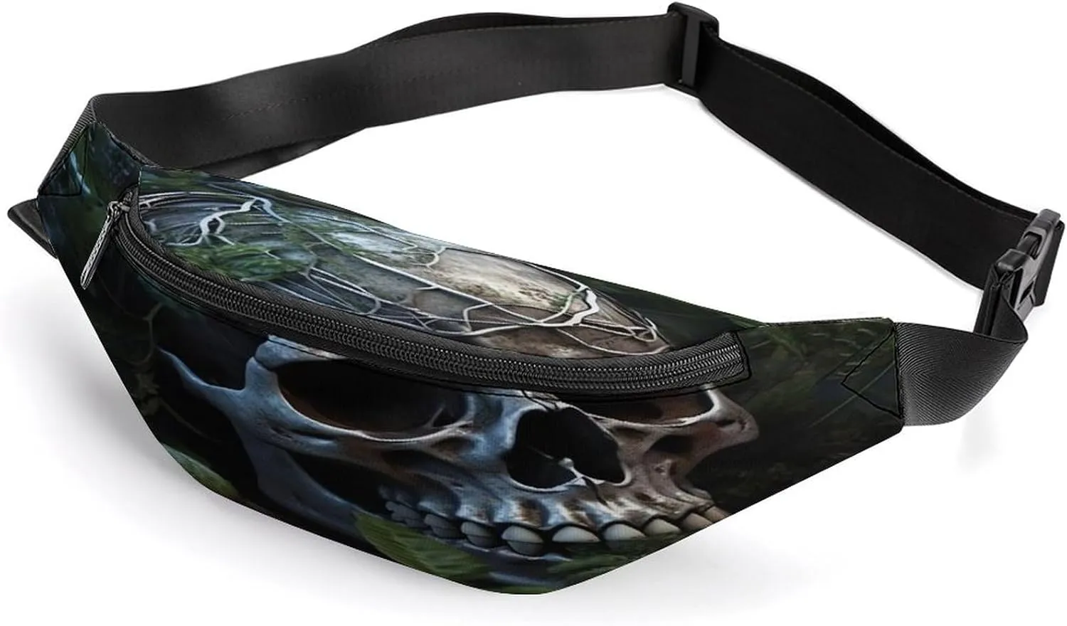 Personalized Waist Packs with Adjustable Strap,Green Leaves And Skull CrossBody Fanny Pack Casual Bag for Travel Sports Running Hiking