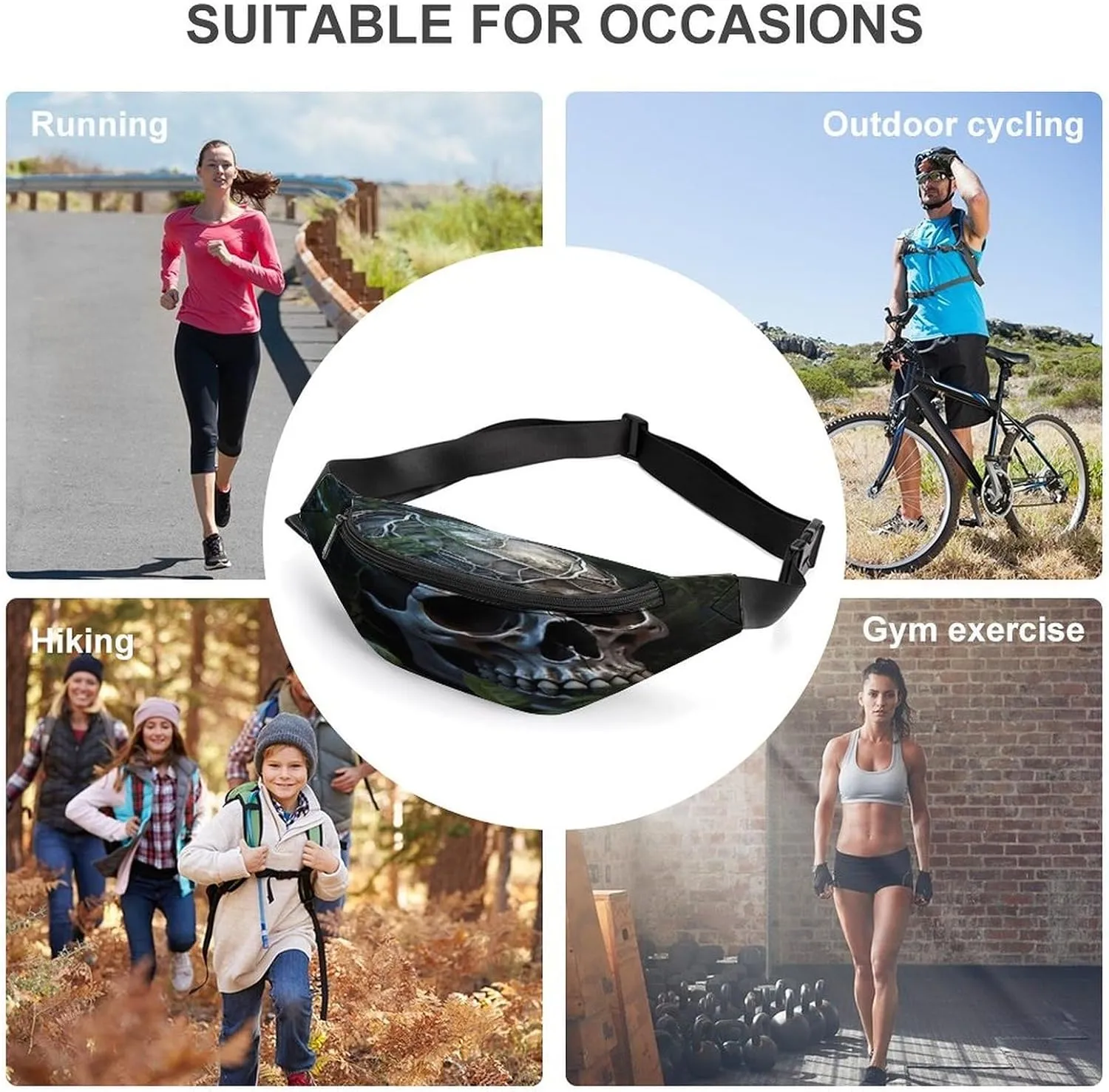Personalized Waist Packs with Adjustable Strap,Green Leaves And Skull CrossBody Fanny Pack Casual Bag for Travel Sports Running Hiking