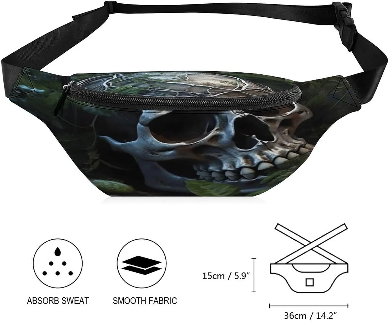 Personalized Waist Packs with Adjustable Strap,Green Leaves And Skull CrossBody Fanny Pack Casual Bag for Travel Sports Running Hiking