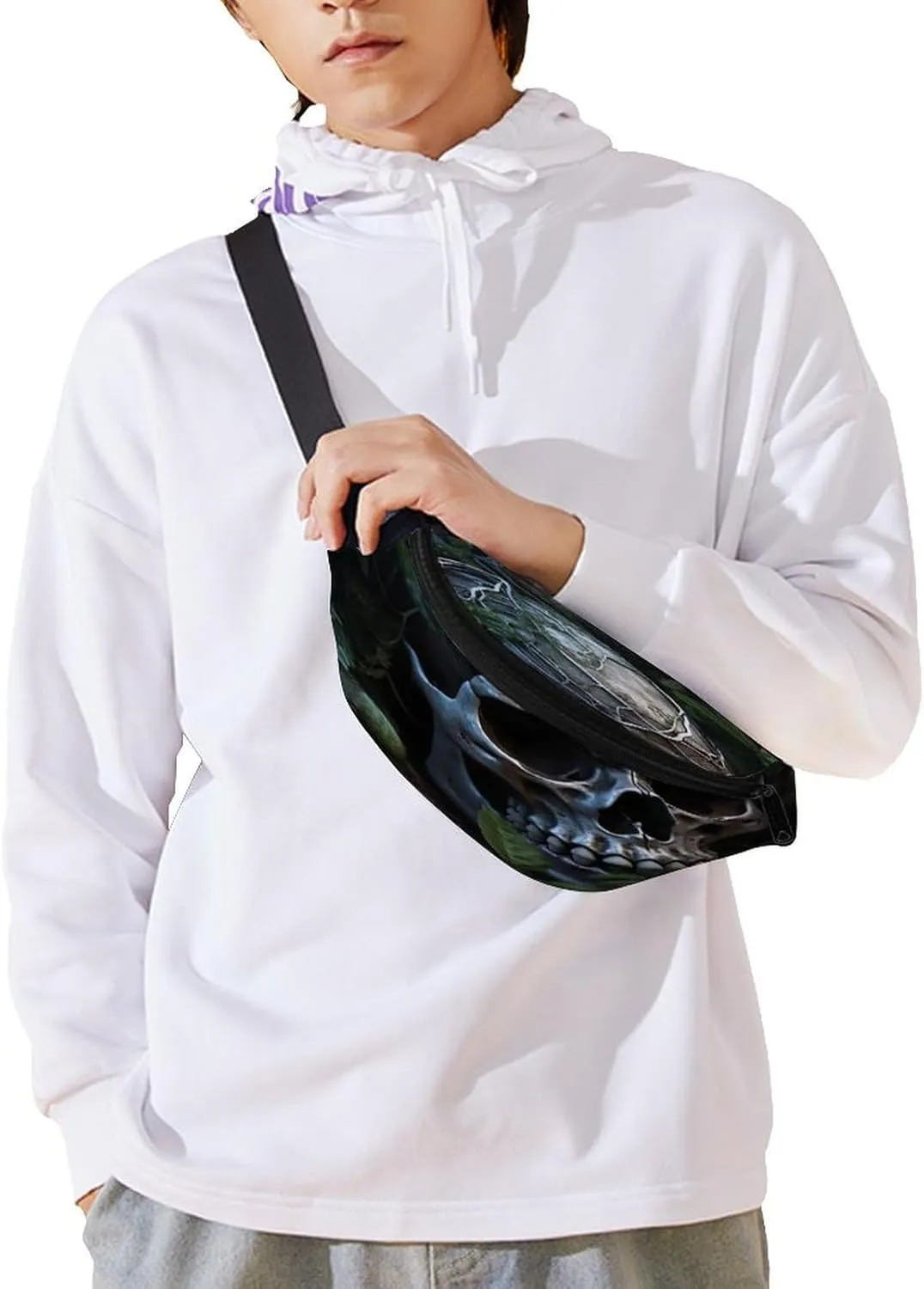Personalized Waist Packs with Adjustable Strap,Green Leaves And Skull CrossBody Fanny Pack Casual Bag for Travel Sports Running Hiking