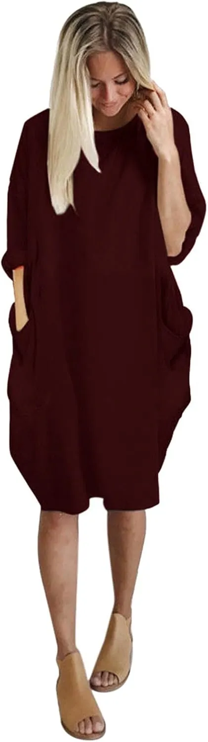 Plus Size Midi Sweater Dress for Women Long Sleeve Crewneck Knee Length Dresses with Pockets Spring Casual Sundress