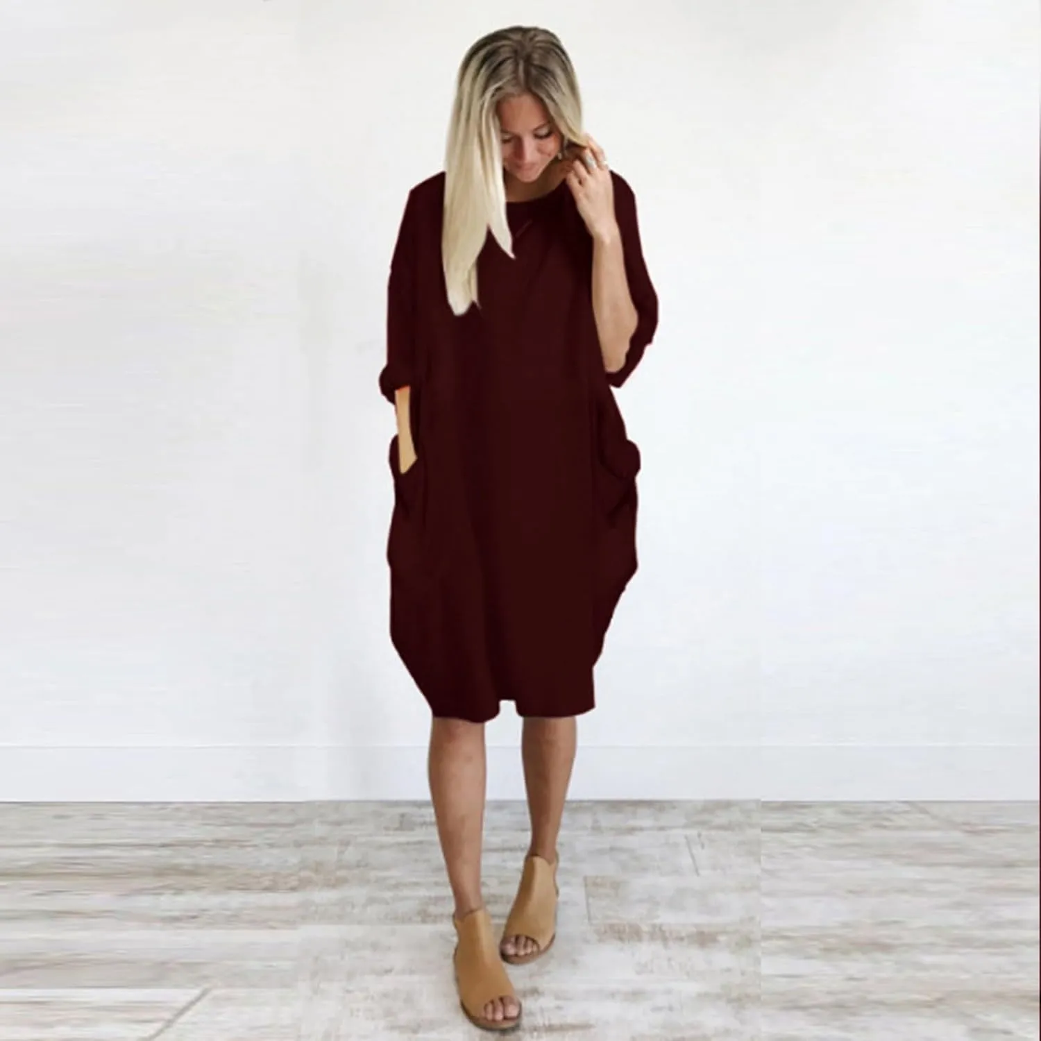 Plus Size Midi Sweater Dress for Women Long Sleeve Crewneck Knee Length Dresses with Pockets Spring Casual Sundress