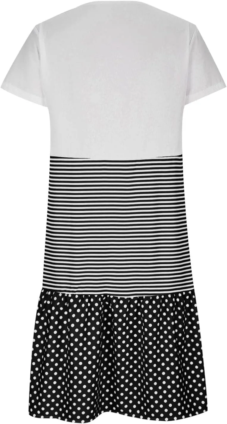 Plus Size Summer Dresses for Women Polka Dot Striped Patchwork Cute Dress Casual Loose Short Sleeve Comfy Dresses
