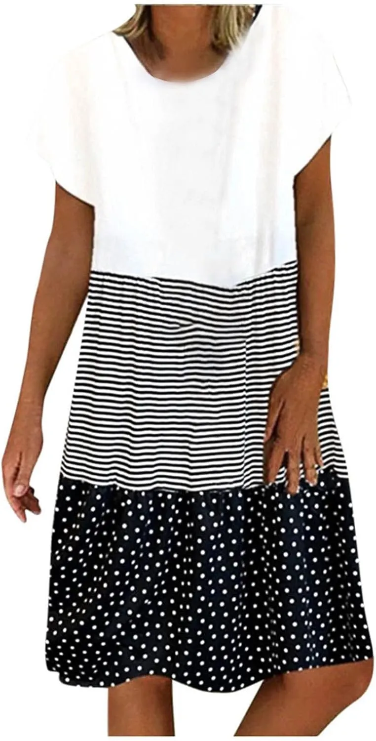 Plus Size Summer Dresses for Women Polka Dot Striped Patchwork Cute Dress Casual Loose Short Sleeve Comfy Dresses