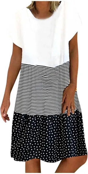 Plus Size Summer Dresses for Women Polka Dot Striped Patchwork Cute Dress Casual Loose Short Sleeve Comfy Dresses