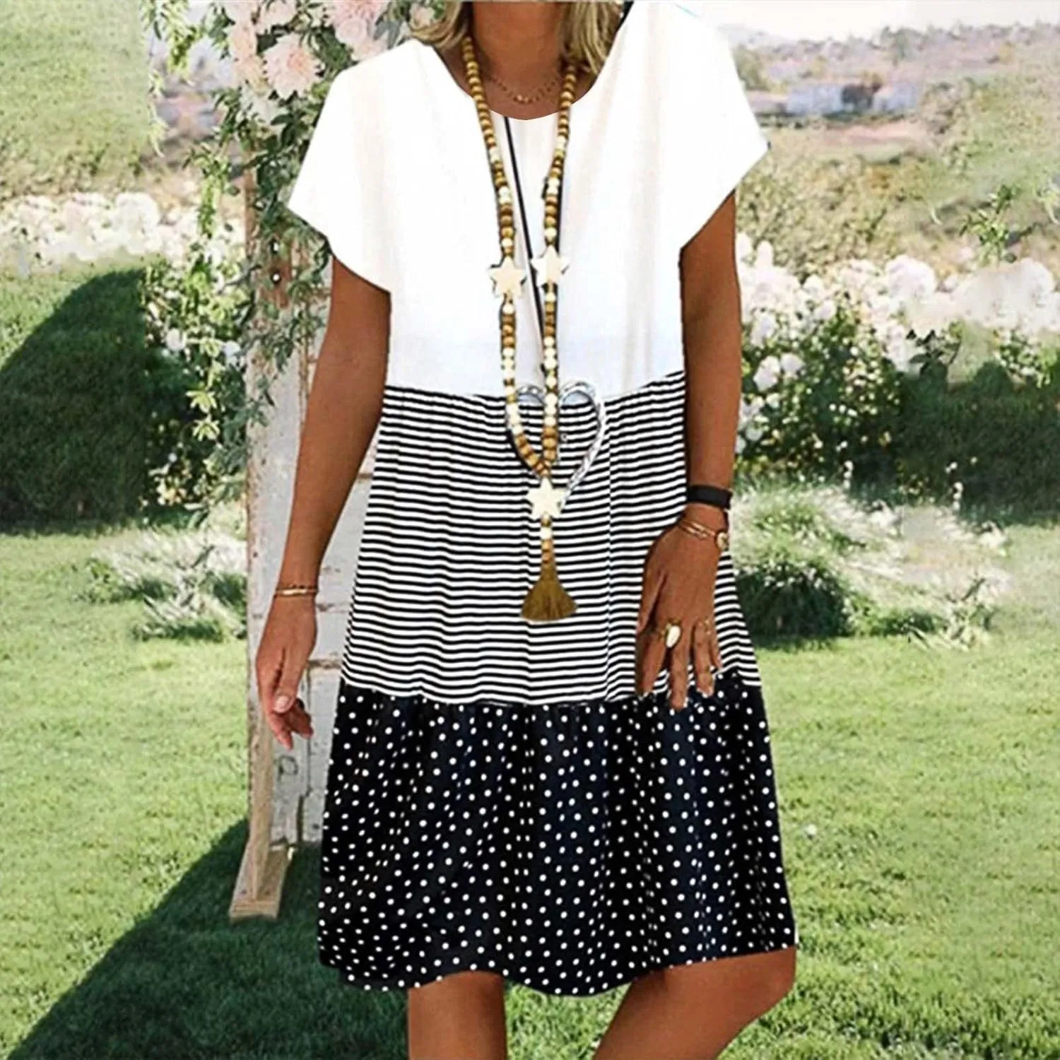 Plus Size Summer Dresses for Women Polka Dot Striped Patchwork Cute Dress Casual Loose Short Sleeve Comfy Dresses