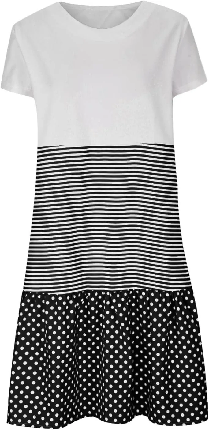 Plus Size Summer Dresses for Women Polka Dot Striped Patchwork Cute Dress Casual Loose Short Sleeve Comfy Dresses