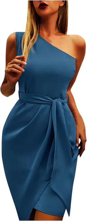 PTOLOCIF Cocktail Dresses for Women Sexy One Shoulder Midi Dress Sleeveless Belted Dress Bodycon Formal Wedding Guest Dresses