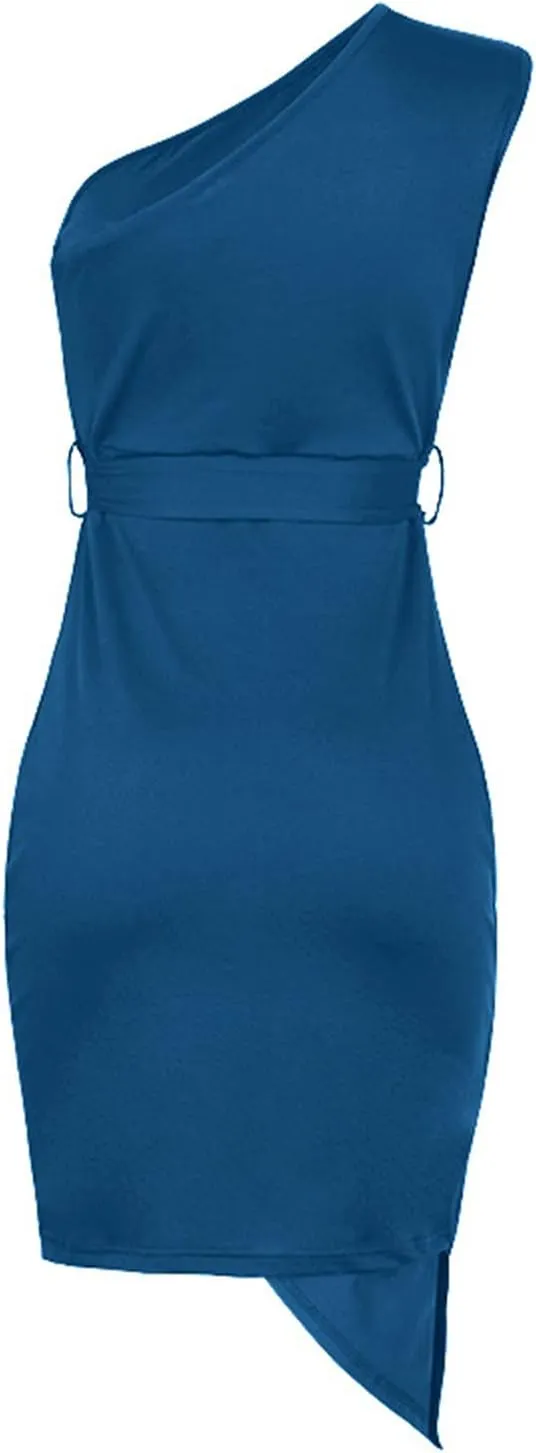 PTOLOCIF Cocktail Dresses for Women Sexy One Shoulder Midi Dress Sleeveless Belted Dress Bodycon Formal Wedding Guest Dresses