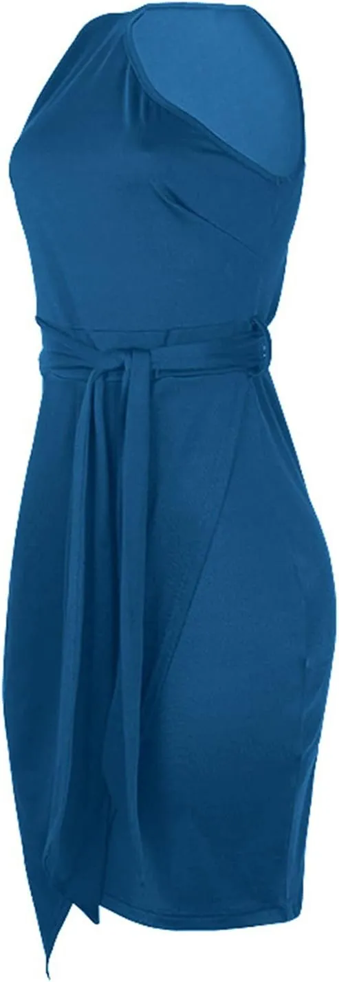 PTOLOCIF Cocktail Dresses for Women Sexy One Shoulder Midi Dress Sleeveless Belted Dress Bodycon Formal Wedding Guest Dresses