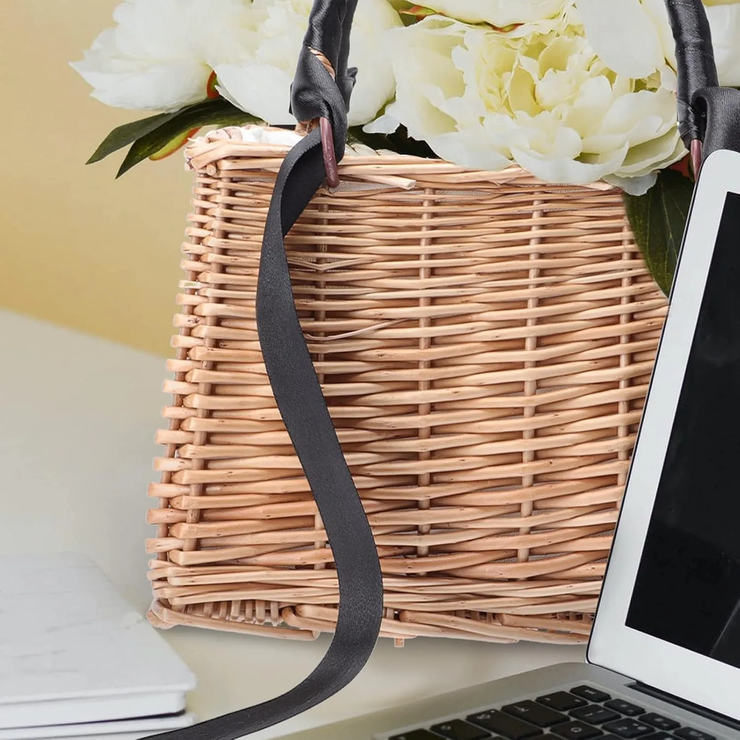 Rectangular Basket Purse - Wicker Handbag - Wedding Flower Girl Baskets Boho Style Straw Tote Summer Clutch for Women (Black Ribbon)